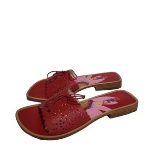 Red/Pink Leather Square Toe Flat Strap Wooden Heel Sandal Slides by NM70 Size 9